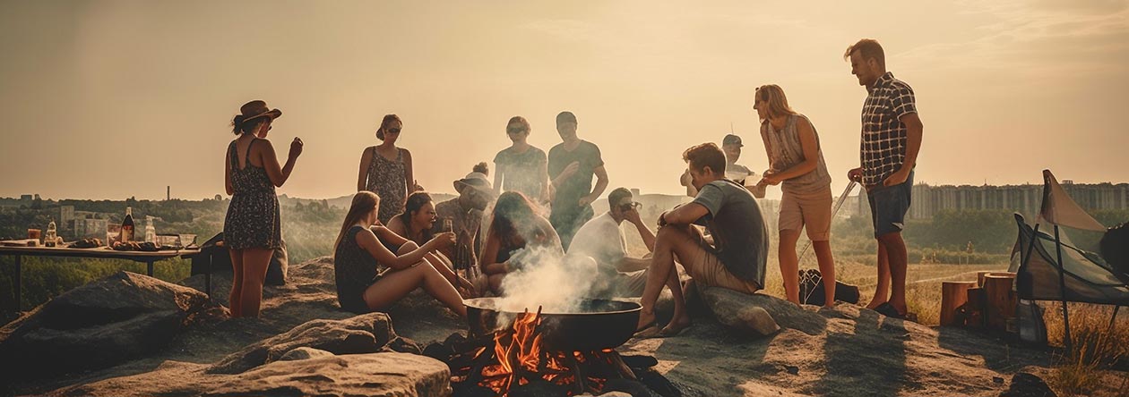 GH-Getränke fürs Grillen Junge Menschen beim Grillfest mit kühlen Getränken