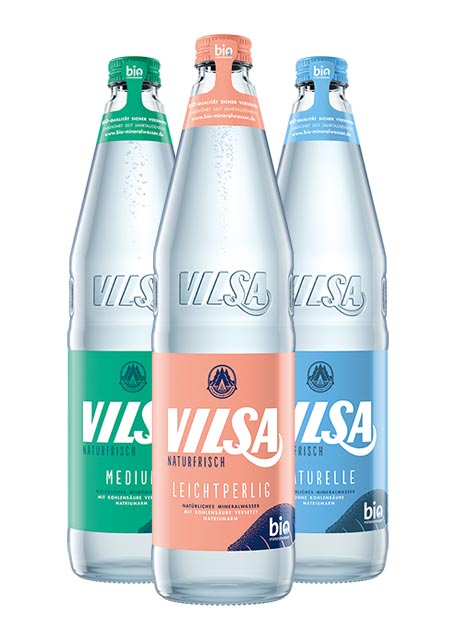Bio-Mineralwasser-Vielfalt von VILSA Ob Naturelle, Leichtperlig oder Medium – VILSA bietet Bio-Mineralwasser für jede Prickelvorliebe an.