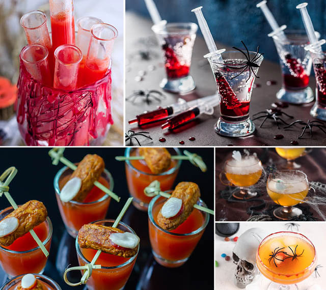 Drinks mit Gruseligem dekorieren (1) Drink im Reagenzglas oder in einer Spritze servieren? Oder wie wäre es mit Zuckerwatte als Spinnweben oder Würstchen-Finger als Topping?