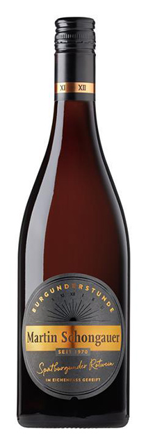 BURGUNDERSTUNDE by Martin Schongauer, Spätburgunder Rotwein Die tiefe rubinrote Farbe sorgt beim Spätburgunder Rotwein BURGUNDERSTUNDE by Martin Schongauer bereits optisch für Genussmomente.
