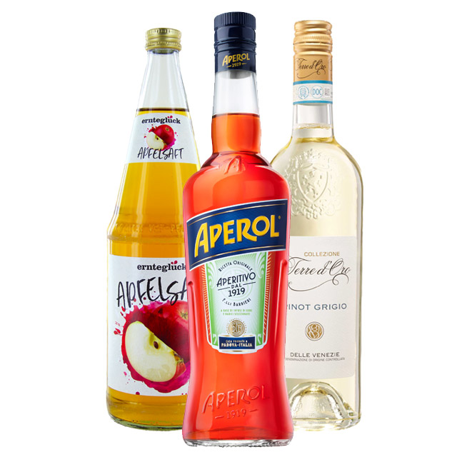 Getränkezutaten für Hot APEROL (1) ur wenige Zutaten braucht es für einen Hot APEROL: APEROL, Apfelsaft und Weißwein.