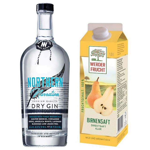 Getränke-Zutaten für unseren Winter-Gin GH3-4 (1) NOTHERN NARRATION Dry Gin und WERDER FRUCHT Birnensaft
