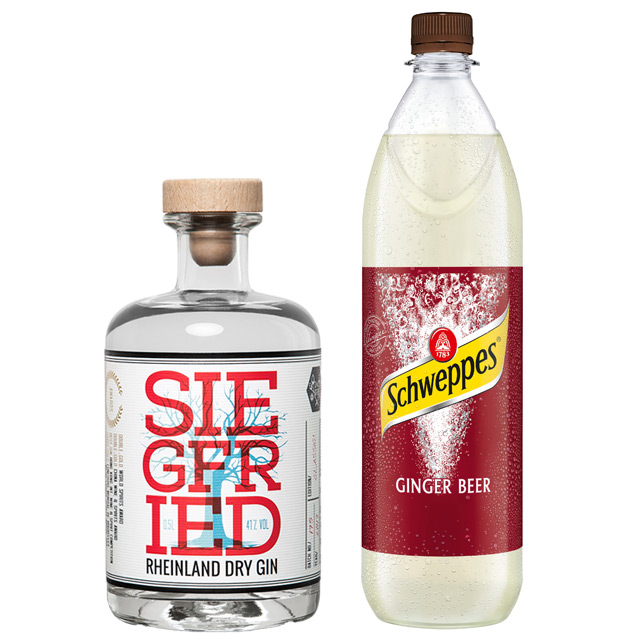 Zutaten für GH-Winter-Gin (1) Zutaten für eine erfrischende Harmonie: SIEGFRIED Rheinland Dry Gin und Schweppes Ginger Beer