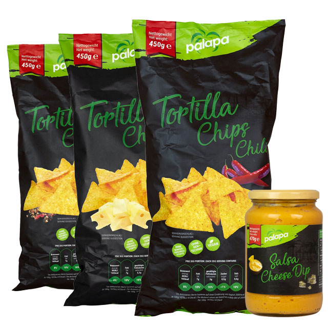 Nachos für Chili con Carne (1) Tortilla Chips von palapa in verschiedenen Sorten mit dem passenden Salsa Cheese Dip