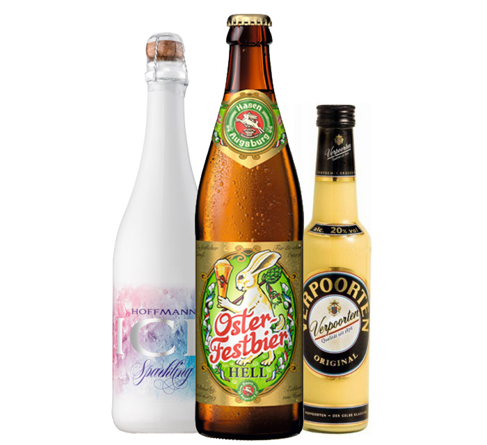 Getränke-Klassiker zum Osterfest bei GH (1) Oster-Festbier von Hasen Augsburg, HOFFMANN ICE Sparkling und Eierlikör VERPOORTEN ORGINAL