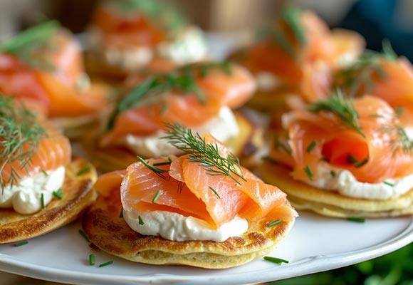 Wodka-marinierter-Lachs auf Blinis (2) Frisch gebackene Blinis und als Topping ein bisschen saure Sahne und der in Wodka marinierte Lachs.