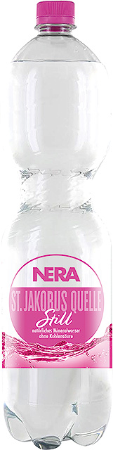 NERA Still aus der St. Jakobus Quelle NERA stilles Mineralwasser in einer PET-Flasche mit rosa-rotem Etikett