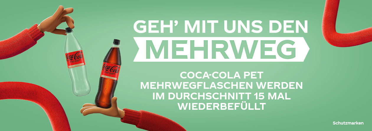Coca-Cola-Mehrwegkampagne bei GH (0) Kampagnen-Motiv mit 1 Liter Mehrwegflaschen von Coca-Cola