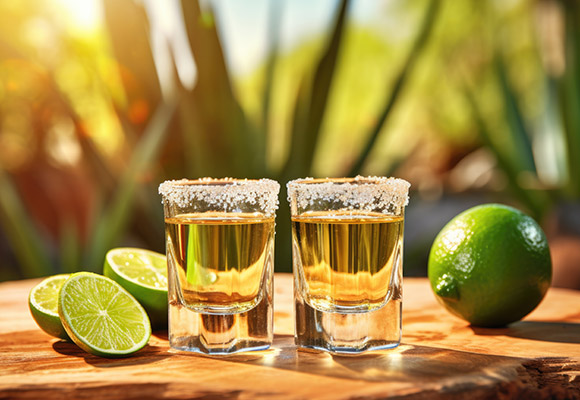 Goldener Tequila mit Salz und Limette