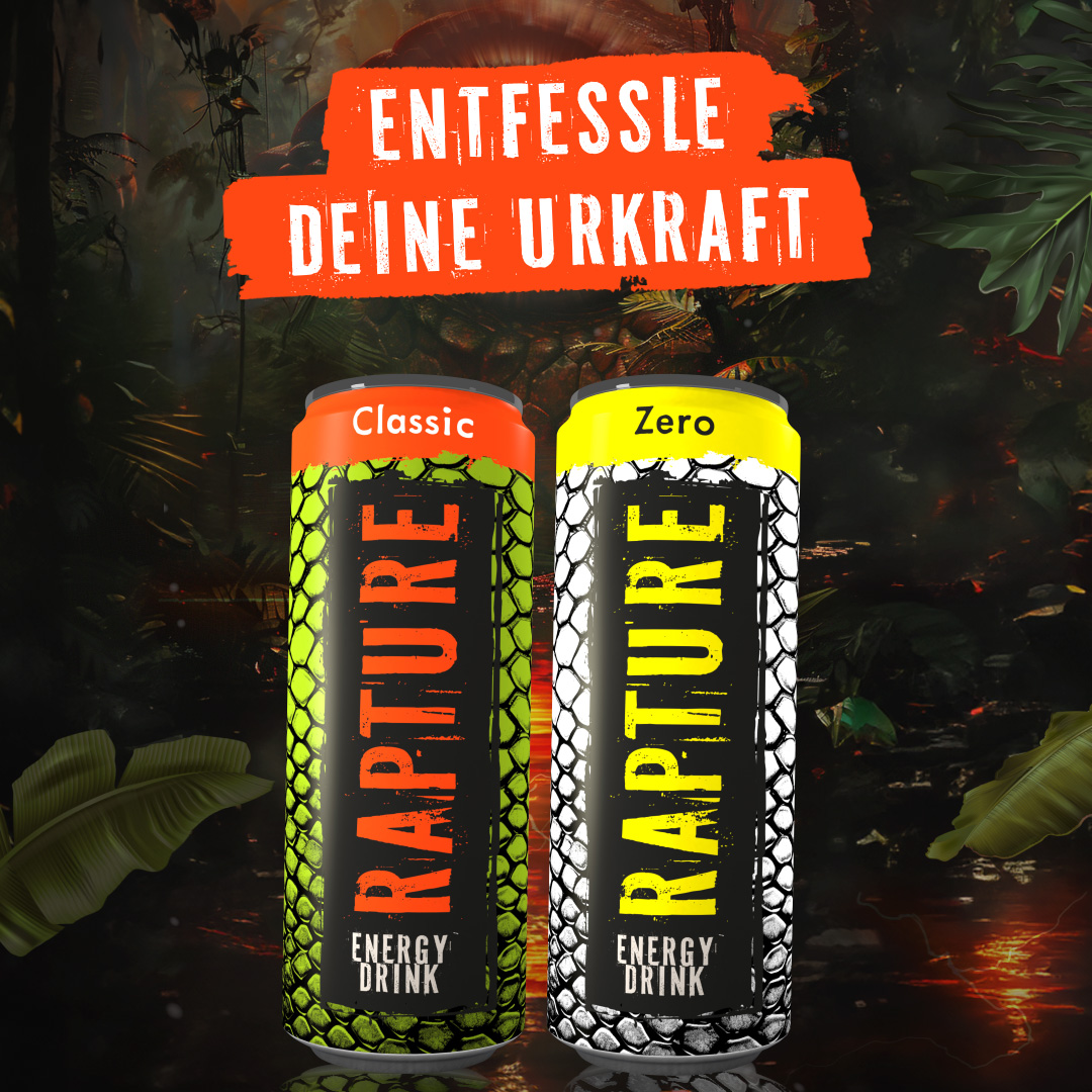 Untamed Energy mit RAPTURE Raubtier-Auge blickt aus Dschungellandschaft, daneben Dosen mit RAPTURE Energy Drink