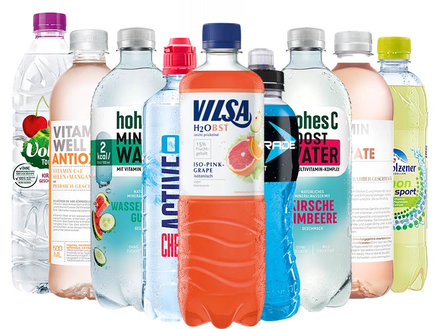 Sportgetränke-Auswahl bei GH (1) Flaschenabbildungen H2OBST von Vilsa, POWERADE, ACTIVE O2 in Cherry, verschiedene Sorten Functional Water von hohes C, Sorten von VITAMIN WELL, Volvic Touch mit Kirschgeschmack sowie Lemon Sport von Adelholzener