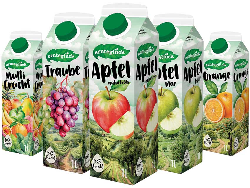 Saft-Sorten von ernteglück bei GH (1) 1-Liter-Verpackung in den Sorten Multifrucht, Traube, Apfel naturtrüb, Apfel klar und Orange von ernteglück