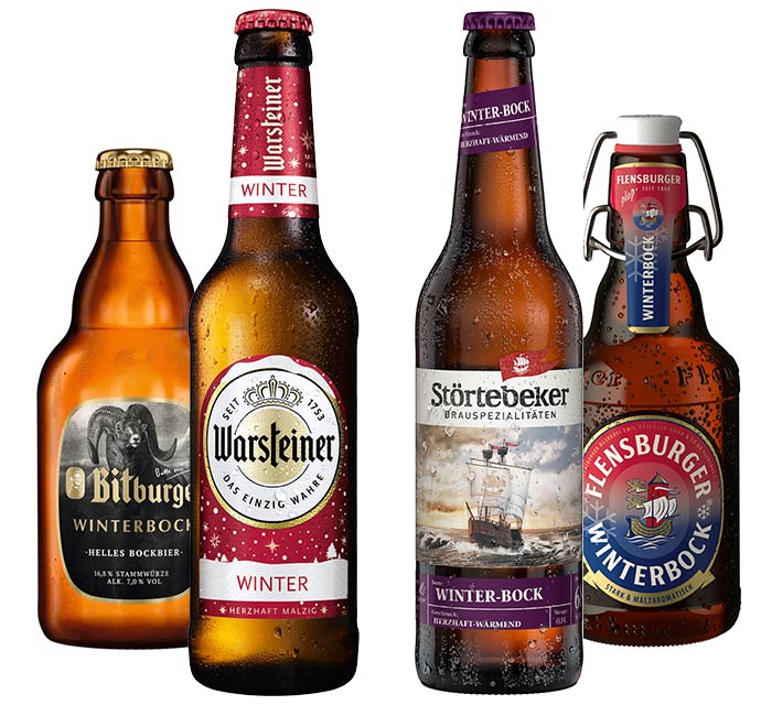 Winterbier-Vielfalt bei GH 1-3 (1) b Warsteiner Winter, Störtebeker Winter-Bock, Bitburger Winterbock oder FLENSBURGER Winterbock – bei Getränke Hoffmann hast du die große Auswahl.