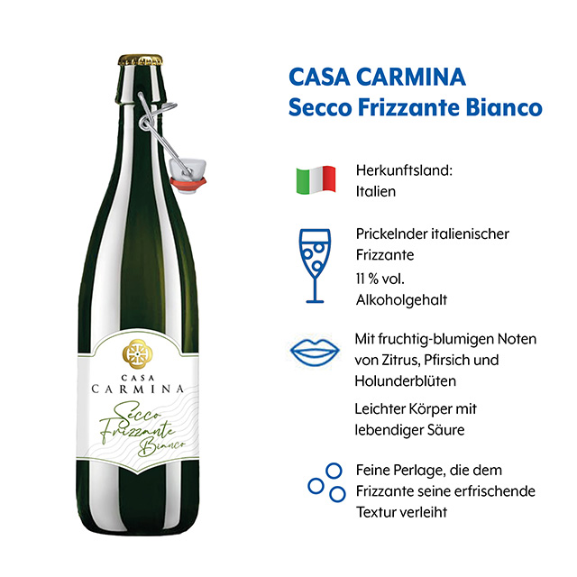 Geschmacksprofil CASA CARMINA Secco Frizzante Bianco (1) Geschmacksprofil von CASA CARMINA Secco Frizzante Bianco mit Rubriken Herkunftsland, Aroma und Perlage
