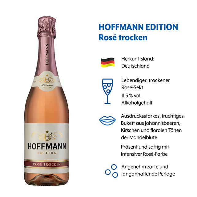 Geschmacksprofil HOFFMANN EDITIION Rosé trocken (1) Geschmacksprofil von HOFFMANN EDITIION Rosé trocken mit Rubriken Herkunftsland, Aroma und Perlage