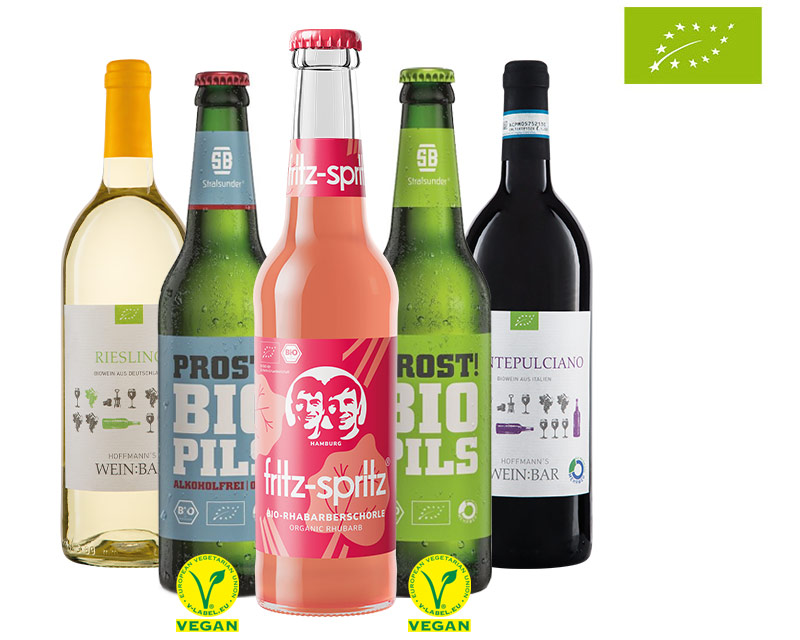 Vegane Bio-Getränkeauswahl bei Getränke Hoffmann (1) Bio-Pils von PROST! mit und ohne Alkohol, die fritz-spritz Rhabarberschorle und vegane Bio-Weine von HOFFMANN’S WEIN:BAR sind Beispiele für die Vielfalt bei GH