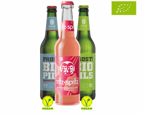 Vegane Bio-Produkte bei Getränke Hoffmann (1) Das Bio-Pils von PROST! mit und ohne Alkohol sowie die fritz-spritz Rhabarberschorle sind Beispiele für vegane Bio-Sorten in unserem Sortiment.
