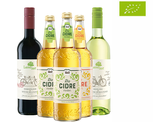 Bio-Wein- und Bio-Cidre-Sortiment bei GH (1) Bio-Weine von Landlust und Bio-Cidre von Heil.