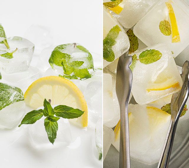 Eiswürfel mit Zitrone machen Toller Mix für Eiswürfel: Zitrone und frische Kräuter wie Minze oder Zitronenmelisse Bildunterschrift: Eine erfrischende Kombination: Zitronenscheiben mit frischen Kräutern für deine Eiswürfel.