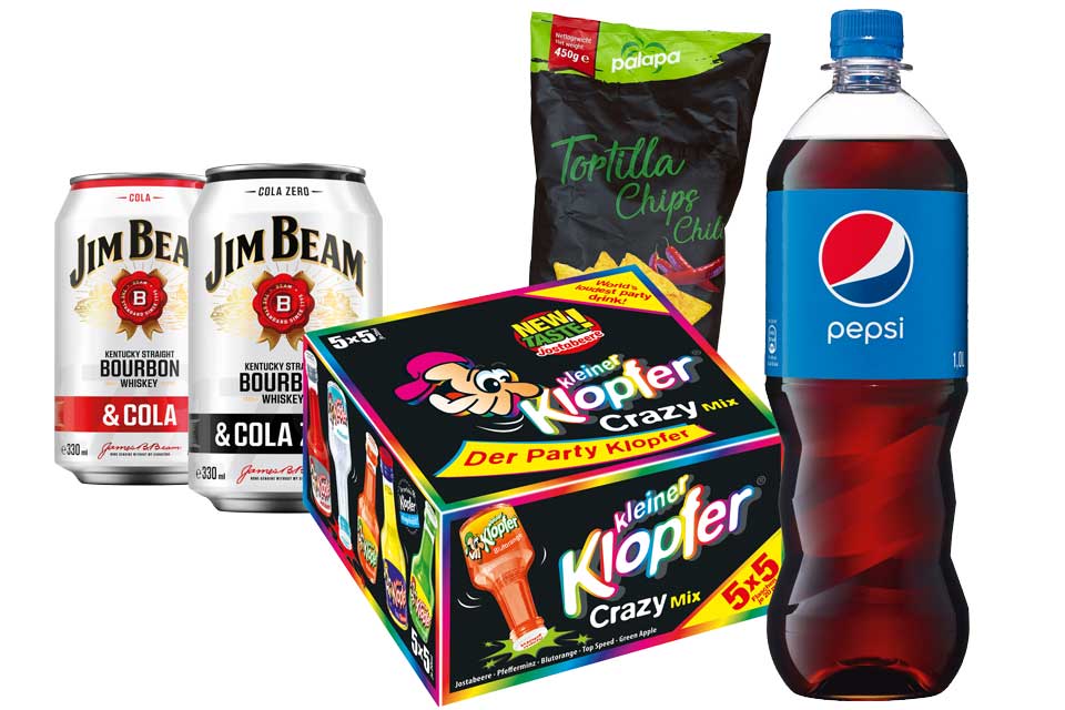 Getränke und Snacks für Partyspaß (1) Kleiner Klopfer, fertige Mixgetränke von JIM BEAM, pepsi und Nachos