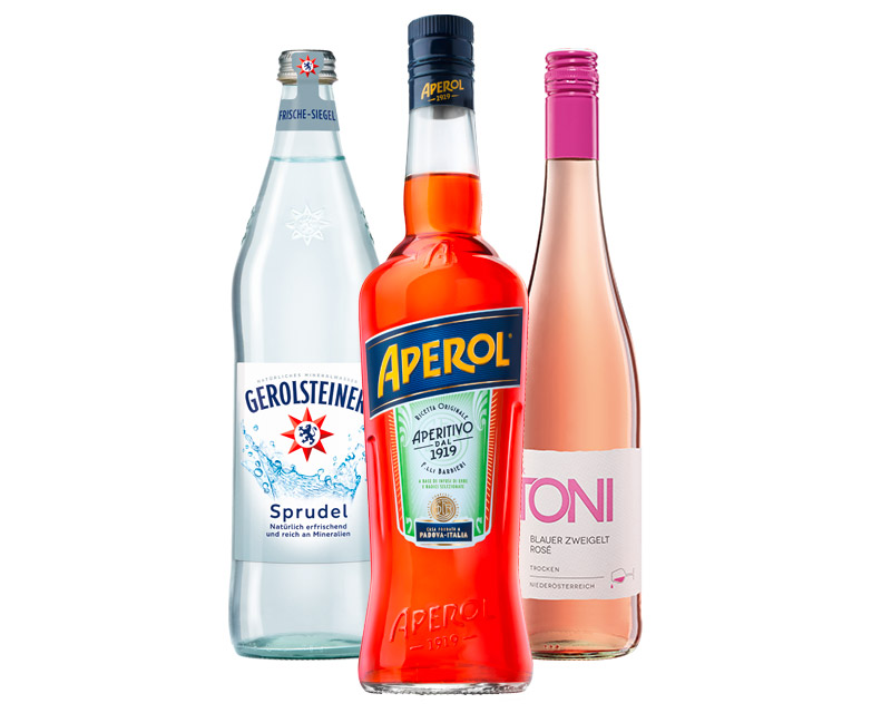 Produkte für APEROL-Rosé von GH (1) Flaschen von TONI, Gerolsteiner Sprudel und APEROL Aperitivo