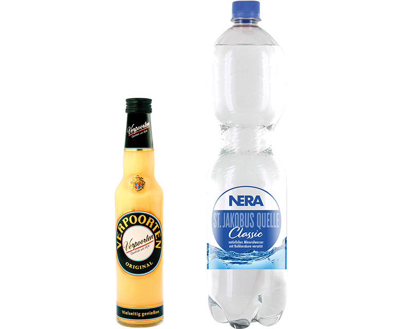Produkte für Herzwaffel-Rezept Flasche VERPOORTEN Original Eierlikör und spritziges NERA Mineralwasser