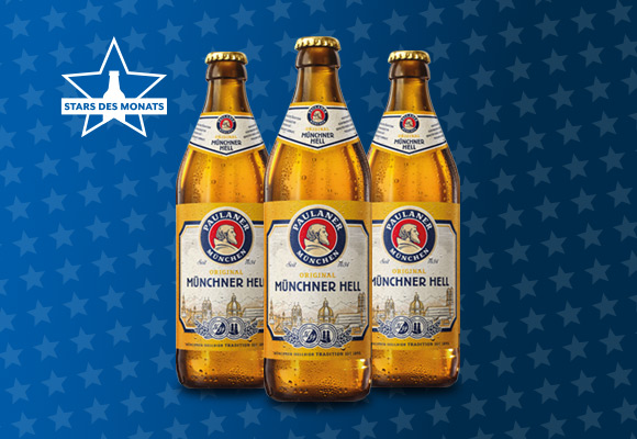 Flaschen von PAULANER Münchner Hell auf Sternchenhintergrund der GH Aktion Stars des Monats