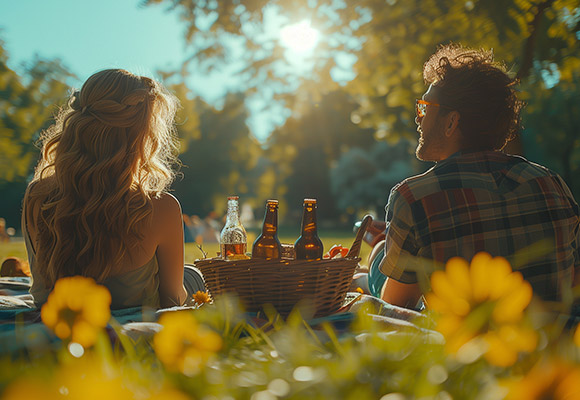 Maibock-Frühlingsbiere (2) Paar trinkt auf der Wiese Biere