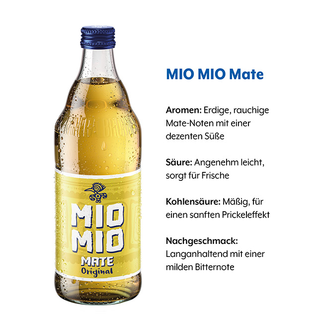 Geschmacksprofil MIO MIO Mate Flasche von MIO MIO Mate mit Geschmacksprofil und den Rubriken Aromen, Säure, Kohlensäure und Nachgeschmack