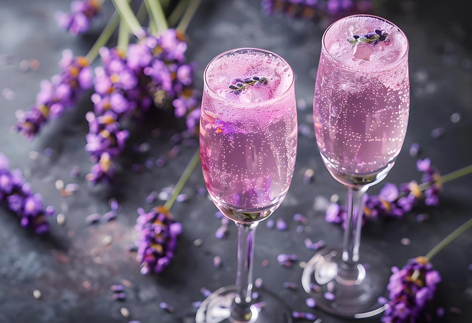 Lavendel 75 Lavendel-Spritz (1) Sektglas mit Lavendel-Spritz und herrlicher Lavendel-Deko