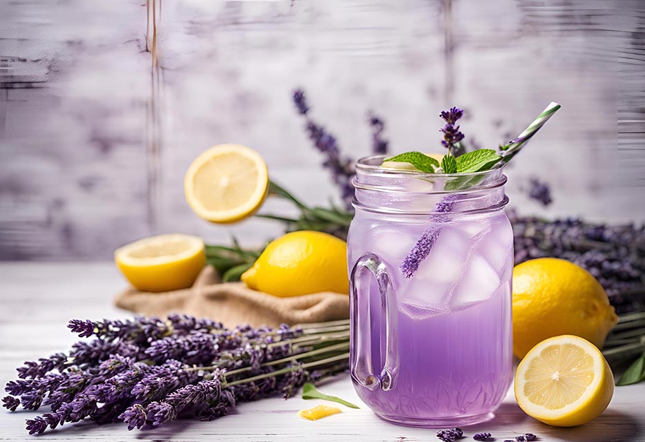 Lavendel Mule Lavendel-Spritz (1) Lavendel Mule dekoriert mit Zitrone, Minze und Lavendel