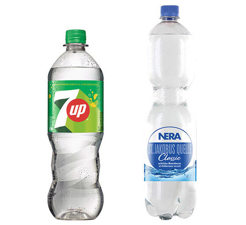 Zutaten für alkoholfreien Lavendel-Spritz (1) Flaschenabbildungen von 7up und NERA St. Jakobus Quelle Classic