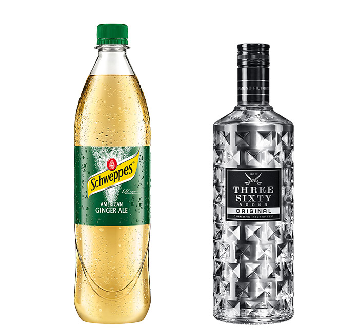 Zutaten für Lavendel Mule (1) Flaschenabbildungen Schweppes American Ginger Ale und THREE SIXTY Vodka