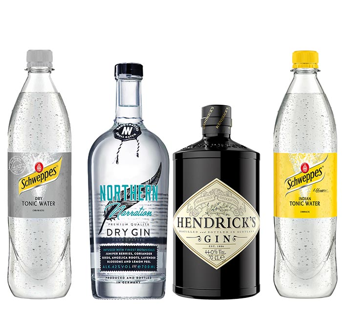 Zutaten für Lavendel-Spritz mit Gin und Tonic (1) Flaschenabbildungen von Schweppes Dry Tonic Water und Schweppes Indian Tonic Water sowie HENDRICK’S Gin und NORTHERN Narration Dry Gin