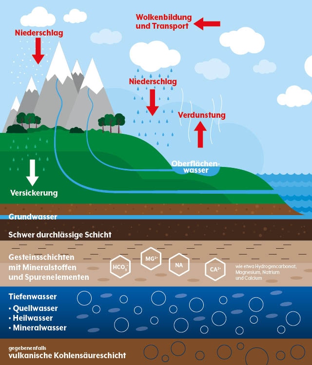 Grafik zur Entstehung von Mineralwasser (1) Der Wasserkreislauf mit der Entstehung von Mineralwasser durch die unterschiedlichen Gesteinsschichten