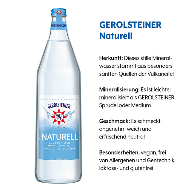 Geschmacksprofil von GEROLSTEINER Naturell (1) Geschmacksprofil von GEROLSTEINER Naturell mit den Kategorien Herkunft, Mineralisierung, Geschmack und Besonderheiten