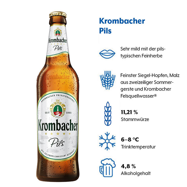 Geschmacksprofil von Krombacher Pils (1) Geschmacksprofil von Krombacher Pils mit den Kategorien Geschmack, Zutaten, Stammwürze, Trinktemperatur und Alkoholgehalt
