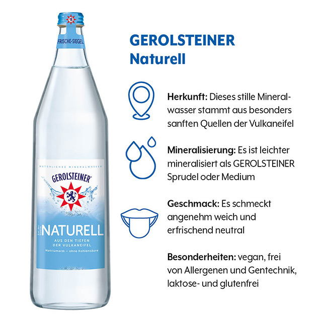 Geschmacksprofil von GEROLSTEINER Naturell (1) Geschmacksprofil von GEROLSTEINER Naturell mit den Kategorien Herkunft, Mineralisierung und Besonderheiten.