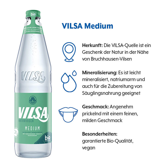 Geschmacksprofil von VILSA Medium (1) Geschmacksprofil von VILSA Medium mit den Kategorien Herkunft, Mineralisierung, Geschmack und Besonderheiten