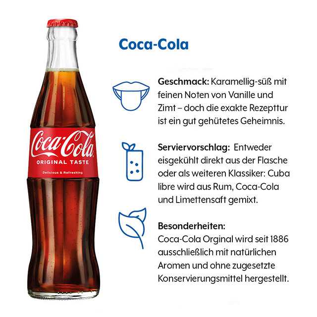 Geschmacksprofil von Coca-Cola Original (1) Geschmacksprofil von Coca-Cola Original mit den Kategorien Geschmack, Serviervorschlag und Besonderheiten