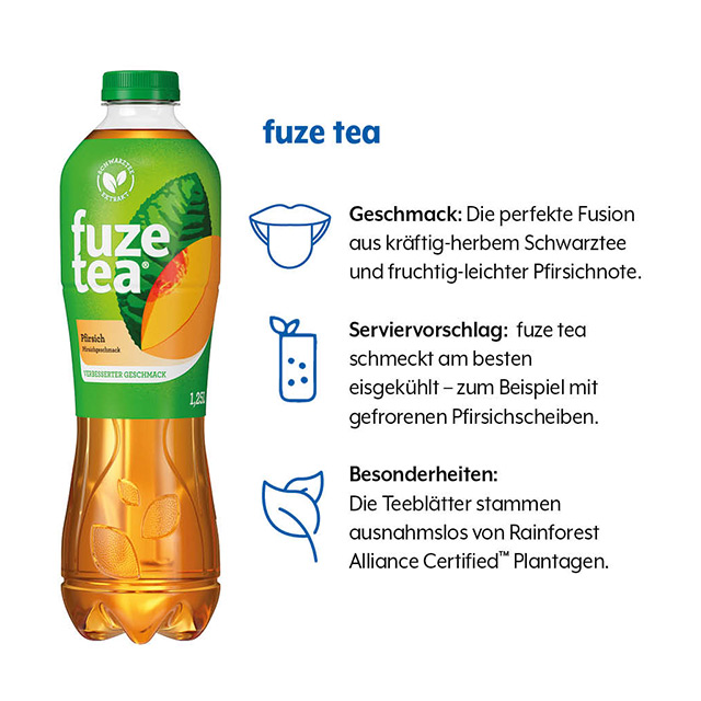 Geschmacksprofil von fuze tea Schwarzer Tee Pfirsich (1) Geschmacksprofil von fuze tea Schwarzer Tee Pfirsich mit den Kategorien Geschmack, Serviervorschlag und Besonderheiten