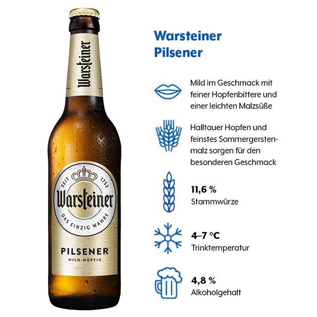 Geschmacksprofil von Warsteiner Pilsener 0,5 l (1) Geschmacksprofil von Warsteiner Pilsener (in der 0,5-Literflasche) mit den Kategorien Geschmack, Hopfen, Stammwürze, Trinktemperatur und Alkoholgehalt