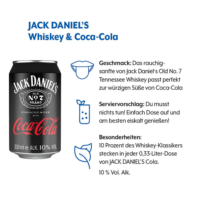 Geschmacksprofil von JACK DANIEL‘S Cola (1) Geschmacksprofil von JACK DANIEL‘S Cola mit den Kategorien Geschmack, Serviervorschlag und Besonderheiten