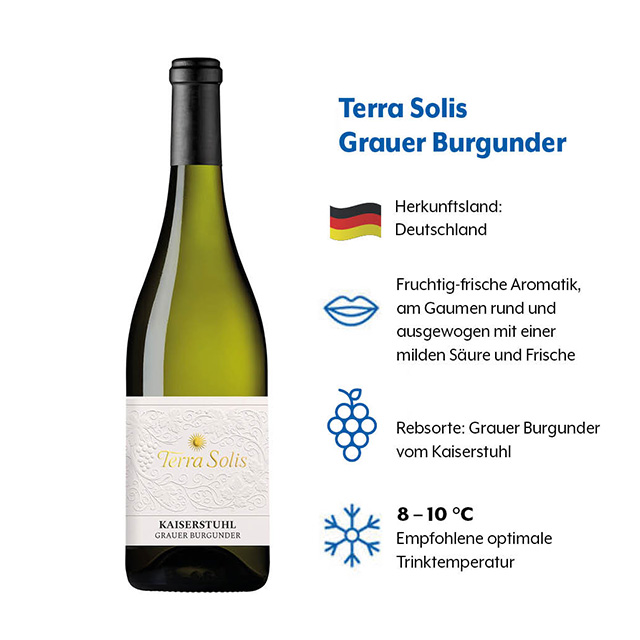 Geschmacksprofil von Terra Solis Grauer Burgunder (1) Geschmacksprofil von Terra Solis Grauer Burgunder mit den Kategorien Herkunftsland, Geschmack, Rebsorte und Trinktemperatur
