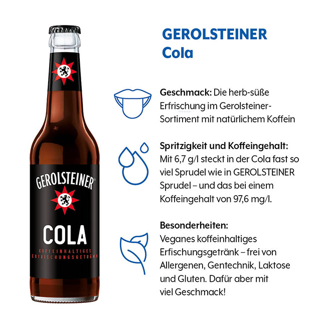 Geschmacksprofil von GEROLSTEINER Cola mit den Kategorien Geschmack, Spritzigkeit, Koffeingehalt und Besonderheiten