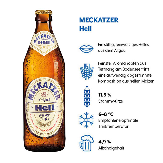 Geschmacksprofil von MECKATZER Hell mit den Kategorien Geschmack, Zutaten, Stammwürze, Trinktemperatur und Alkoholgehalt