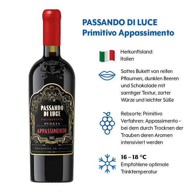Geschmacksprofil von PASSANDO DI LUCE mit den Kategorien Herkunftsland, Geschmack, Rebsorte, Verfahren und empfohlene optimale Trinktemperatur