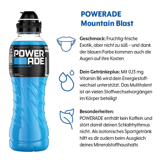 Geschmacksprofil von POWERADE Mountain Blast mit den Kategorien Geschmack, Getränkeplus und Besonderheiten