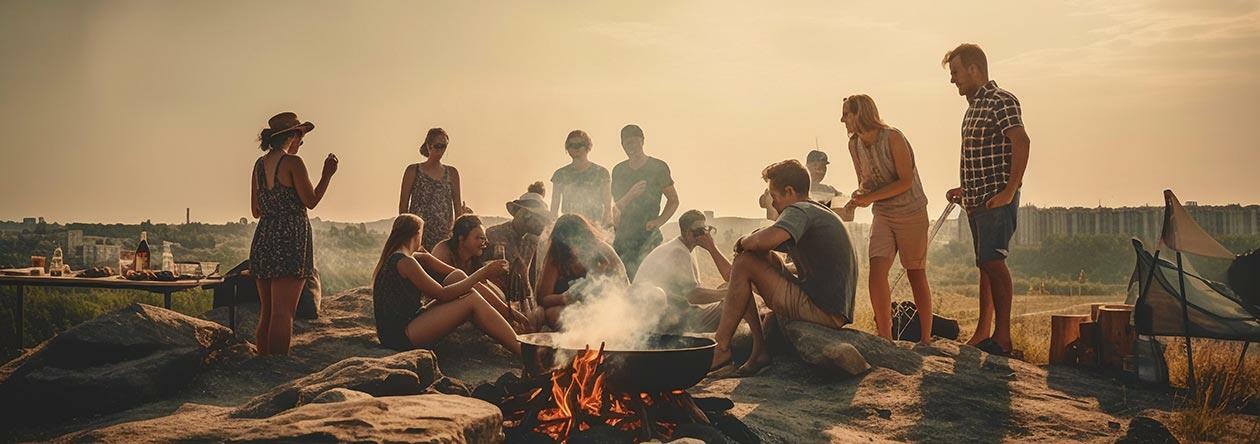 Junge Menschen beim Grillfest mit kühlen Getränken