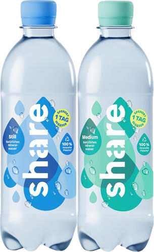 Ausgewogen mineralisiert: share Mineralwasser still. Das share Mineralwasser medium stammt aus den Allgäuer Alpen